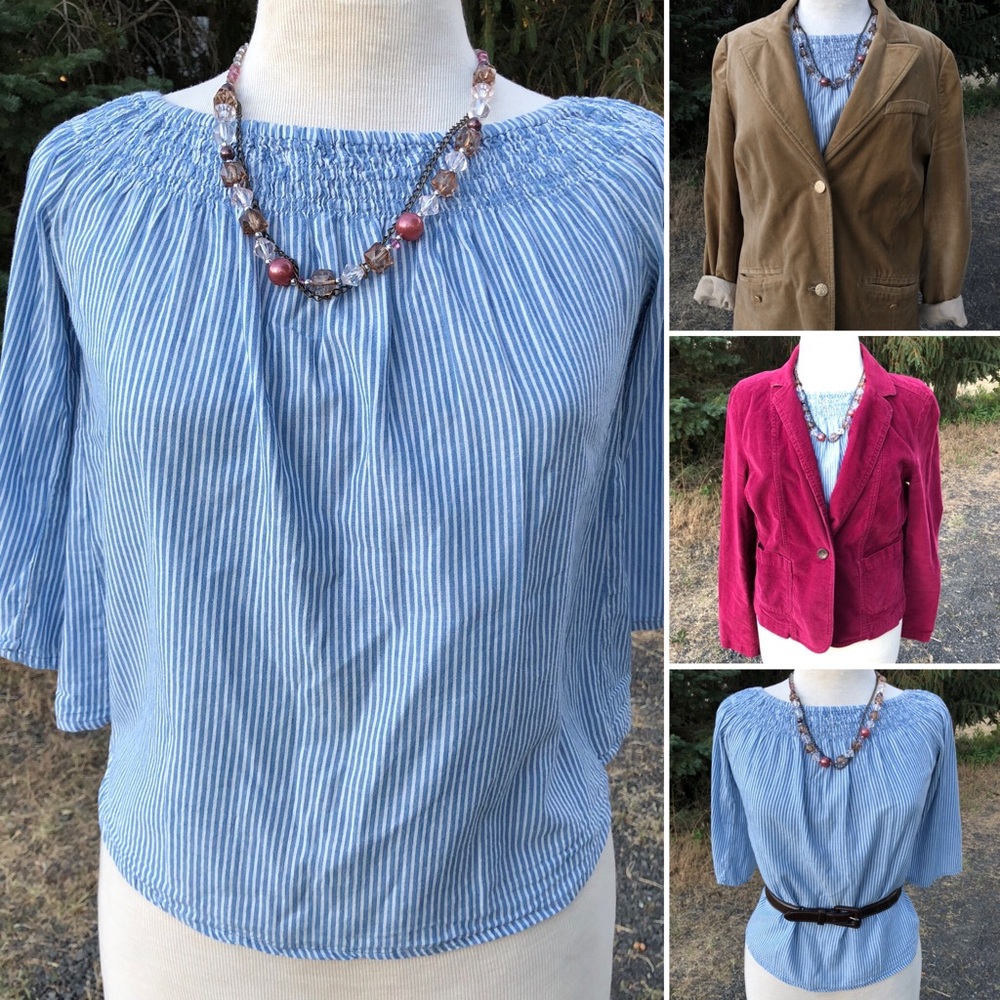 [Love Notes] Striped Chambray Peasant Blouse sz M